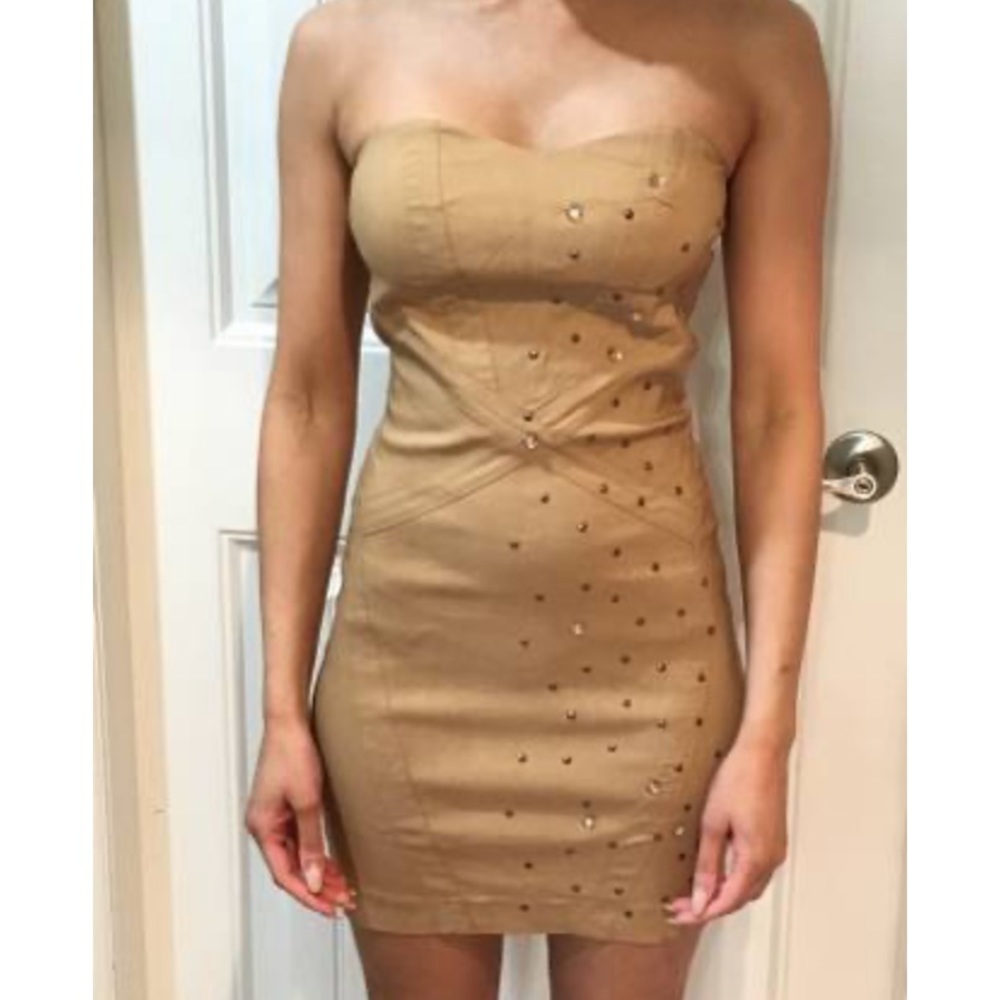 Tan jeweled mini dress